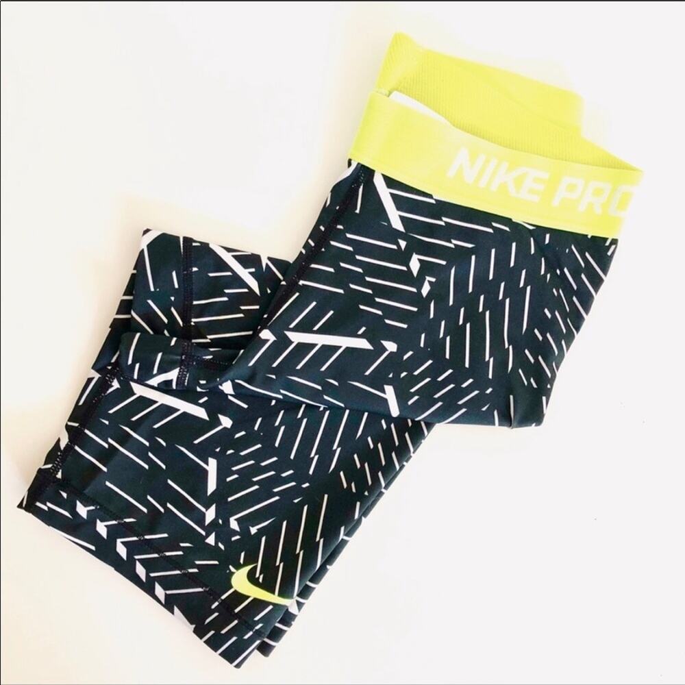 NIKE PRO Dri Fit Black White Neon Yellow Striped Printed Running Biker Shorts S